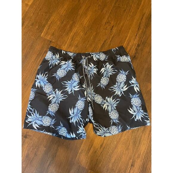 OP Men's Size‎ 2XL Swim Surf Trunks Black w/ Blue Hawaiian Pattern - Picture 1 of 3